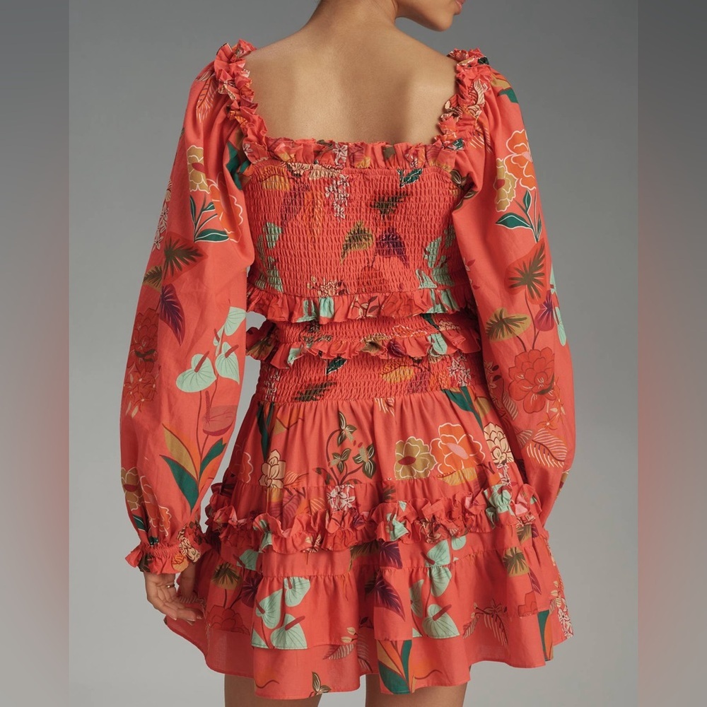 Farm Rio for Anthropologie Smocked Ruffle Floral Mini Dress Size S - Picture 9 of 13